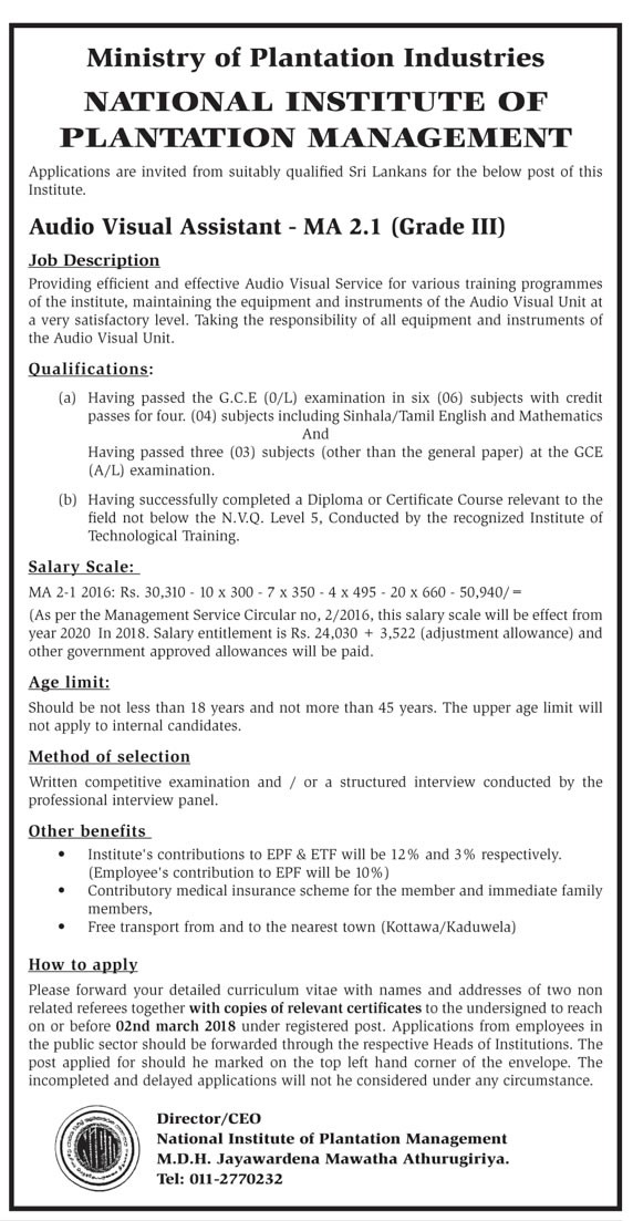 Audio Visual Assistant - National Institute of Plantation Management